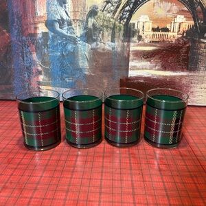 Vintage red green Plaid Tartan Set 4 glass old fashioned tumblers